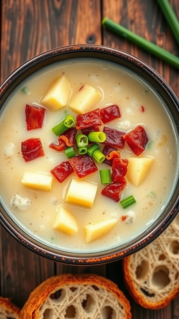 Creamy potato bacon soup in a bowl, garnished with bacon and green onions, on a rustic table with bread.